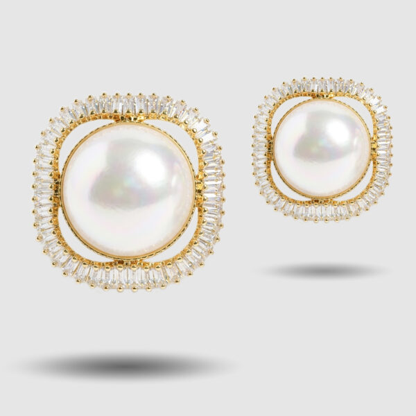 Gold Plated Pearl Stud Earrings with Diamond Halo