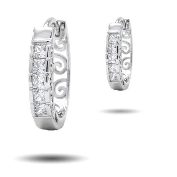 Princess-Cut Channel-Set Hoop Earrings with Scroll Filigree Detail