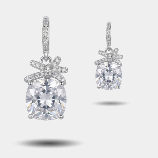 Cushion-Cut Crystal Bow Drop Earrings in Sterling Silver