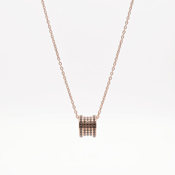 Modern Rose Gold Barrel Pendant Necklace with Black Pavé Stones