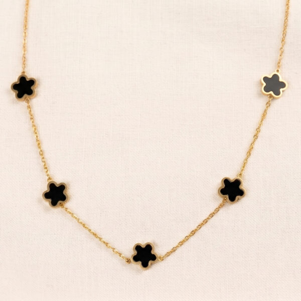 Gold Plated Black Onyx-Style Flower Motif Station Necklace