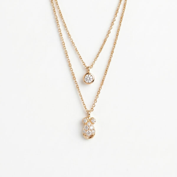 Gold Plated Double Layered Solitaire & Crystal Cluster Teddy Pendant Necklace