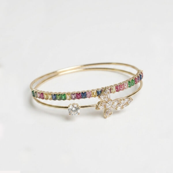Gold Plated Multi-Color Rainbow Gemstone & Butterfly Double-Row Bangle
