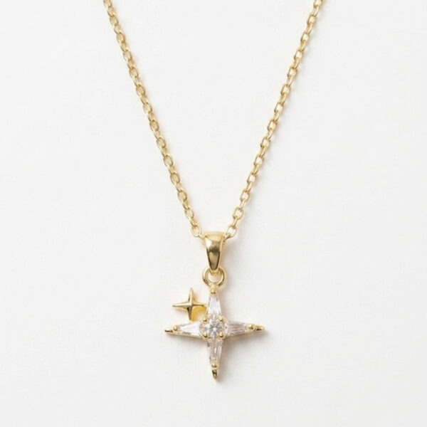 Celestial Gold North Star Pendant Necklace – Baguette Crystal Starburst