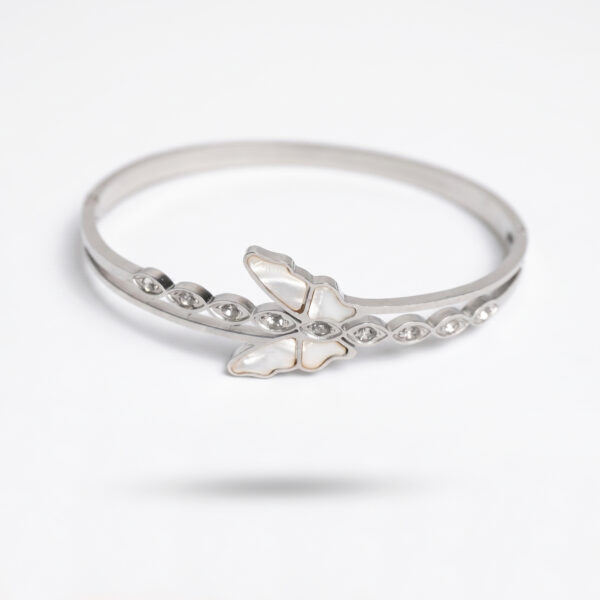 Ethereal Butterfly Silver Bangle with Mother-of-Pearl Inlay & Crystal Accents