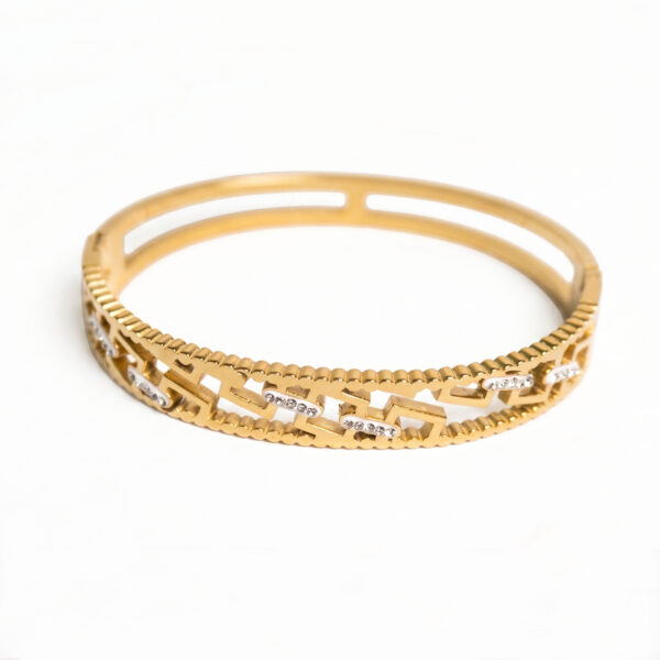 Modern Geometric Greek-Inspiration Gold Bangle with Pavé Crystal Accents