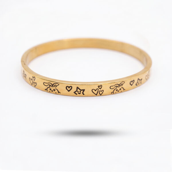 Whimsical “Doodle Art” Gold Bangle with Engraved Hearts, Stars, and Bunnies
