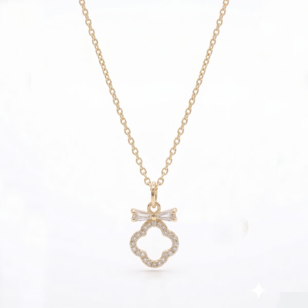 Dainty Pavé Clover & Baguette Bow Necklace in Yellow Gold
