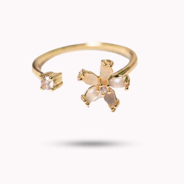 Dainty Floral Bypass Adjustable Ring – Gold & Opal Finish