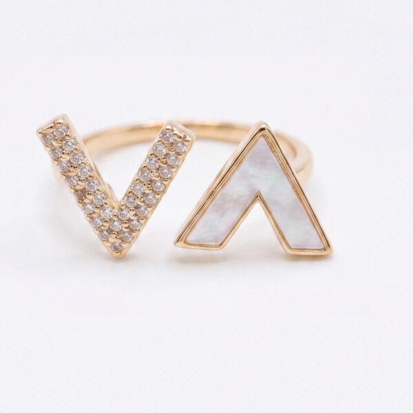 Modern “VA” Chevron Ring with Mother of Pearl and Pavé Crystals