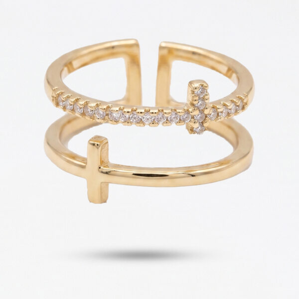 Double Layer Cross Open Ring in Gold – Crystal Pavé Adjustable Band