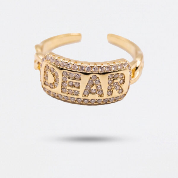 “DEAR” Crystal Pavé Letter Ring – Gold Adjustable Statement Band