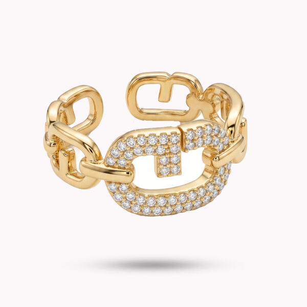 Gold Anchor Link Marine Ring – Crystal Pavé Nautical Statement Band
