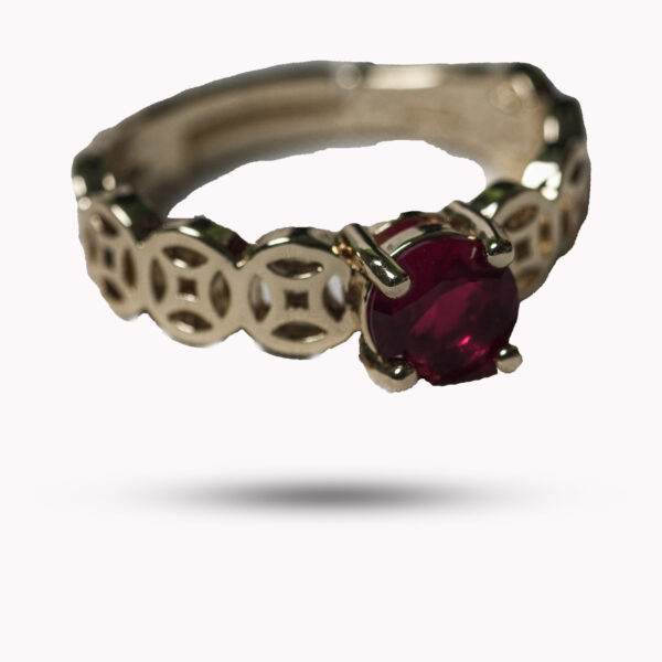 Ruby Red Solitaire Prosperity Ring – Gold Coin Link Band with Crimson Stone