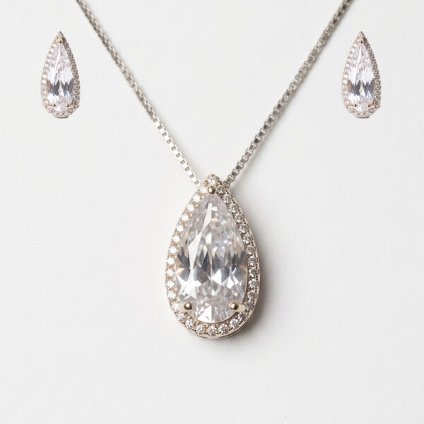 Silver Plated Teardrop Crystal Pendant Necklace with Matching Earrings Set