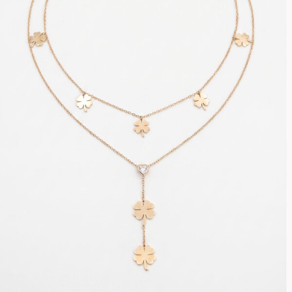 Gold Clover Layered Necklace with Heart Drop Pendant