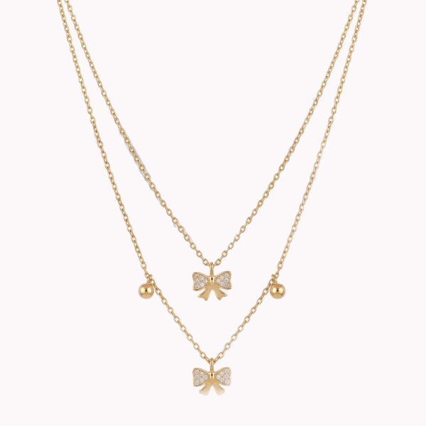 Dainty Double-Layered Bow & Bead Necklace in Gold Finish