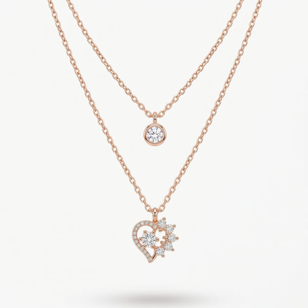 Rose Gold Double Layer Diamond Heart Pendant Necklace