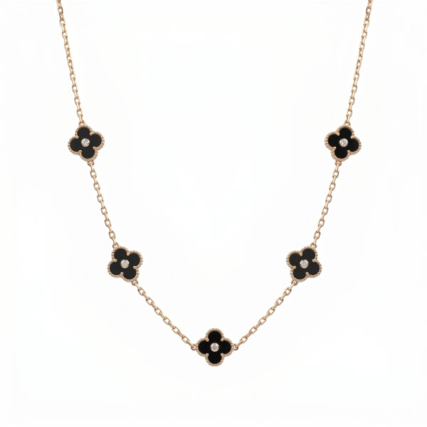 Black Onyx-Style Clover Station Necklace with Crystal Accents