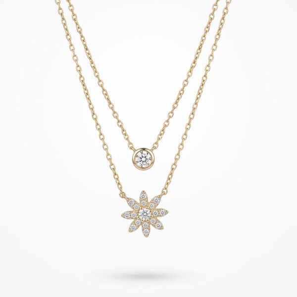 Double-Layered Golden Solitaire & Starburst Floral Necklace