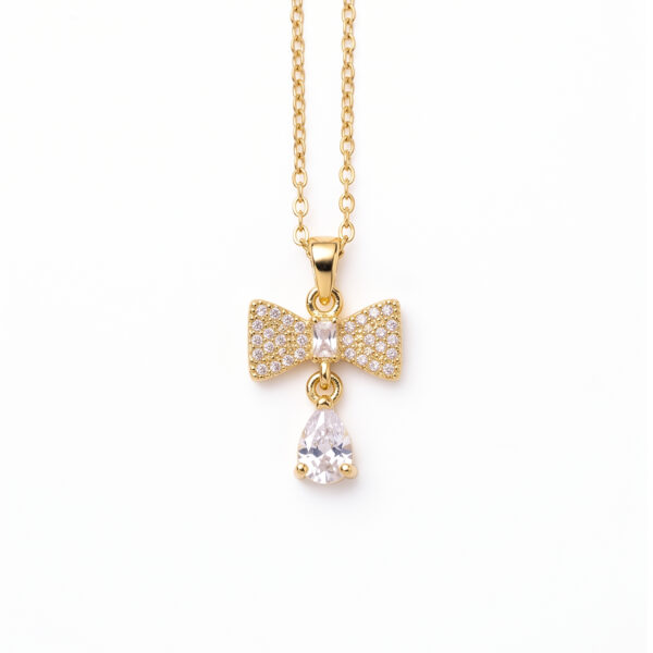Golden Bow & Teardrop Crystal Pendant Necklace