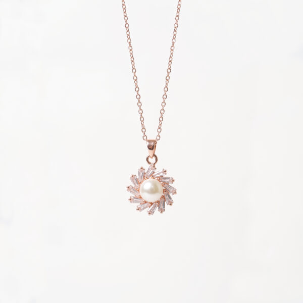 Elegant Rose Gold Sunburst Pearl Pendant Necklace