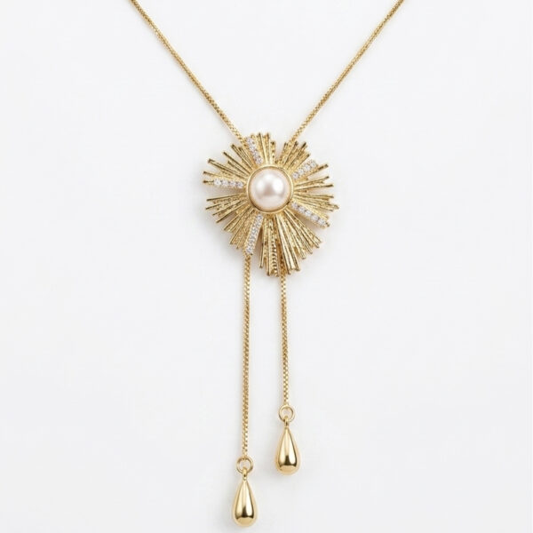 Celestial Sunburst Pearl Lariat Necklace