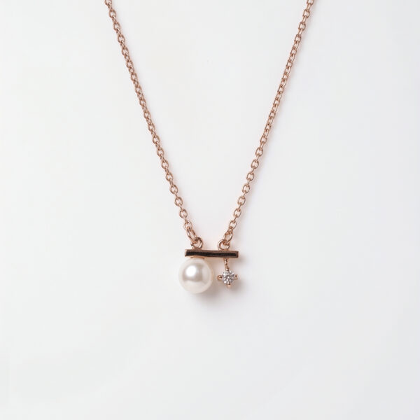Modern Bar Pearl & Solitaire Accented Necklace in Rose Gold