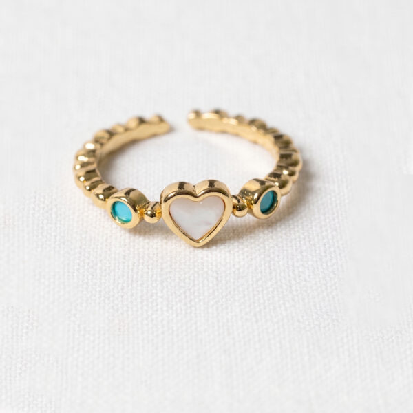 Mother of Pearl Heart & Turquoise Bezel Adjustable Gold Ring