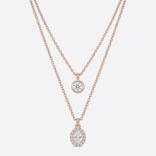 Rose Gold Double Layered Solitaire & Oval Halo Pendant Necklace