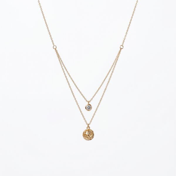 Layered Gold-Tone Necklace with Bezel Crystal and Filigree Globe Pendant