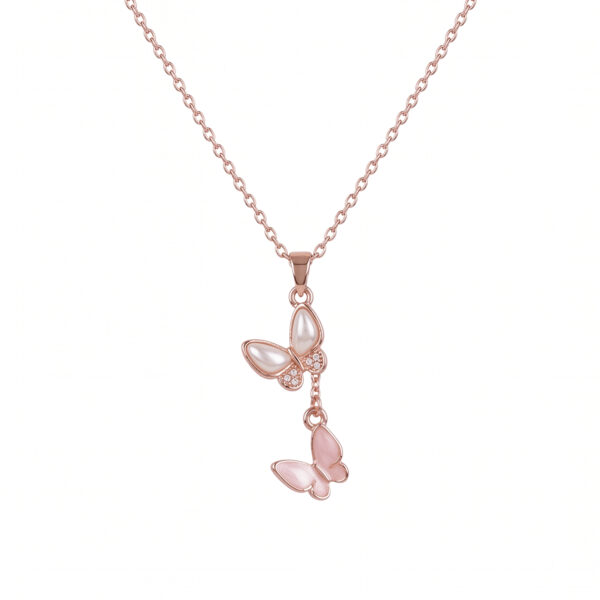 Rose Gold Dual Butterfly Pendant Necklace with Mother-of-Pearl Inlay
