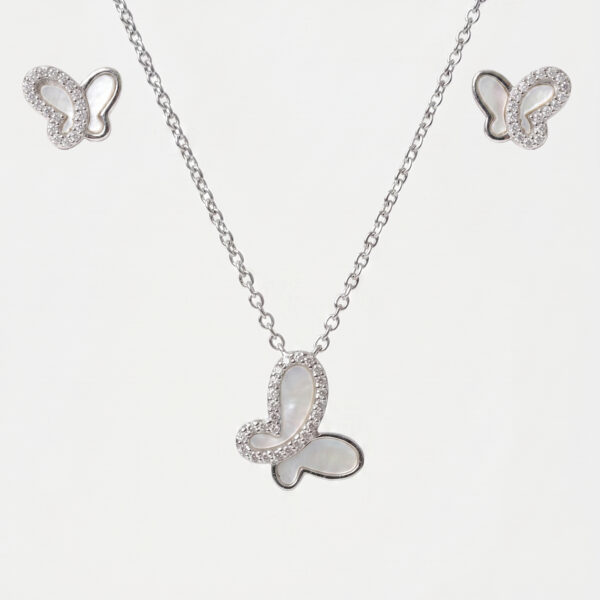 Iridescent Mother of Pearl Butterfly Pendant & Earrings Set in Silver