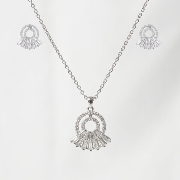 Silver Plated Circular Crystal Pendant Necklace with Matching Earrings Set