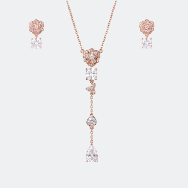 Rose Gold Floral Crystal Drop Pendant Necklace with Matching Earrings Set