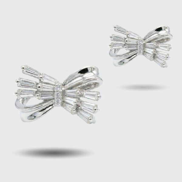 Modern Silver Baguette Crystal Bow Stud Earrings