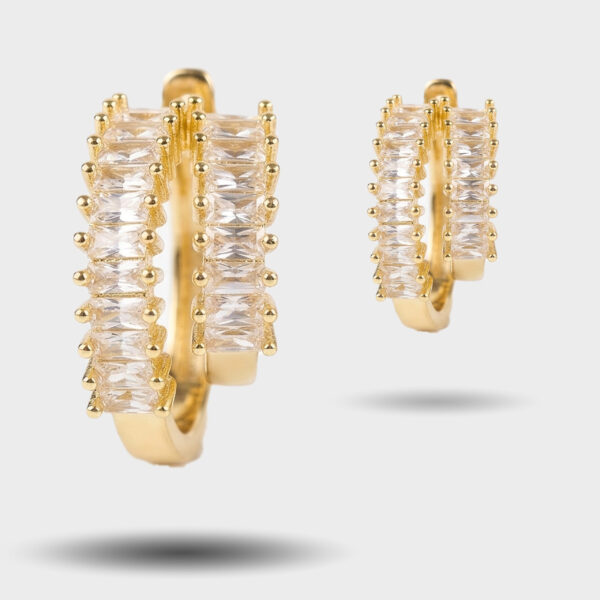 Double Row Gold Baguette Crystal Huggie Hoop Earrings