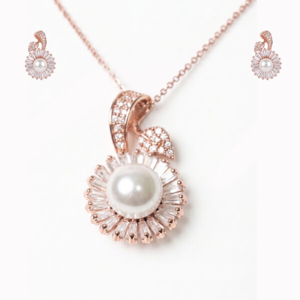 Rose Gold Pearl & Baguette Zircon Floral Pendant Set