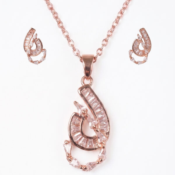 Rose Gold Abstract Crystal Pendant Necklace with Matching Earrings Set