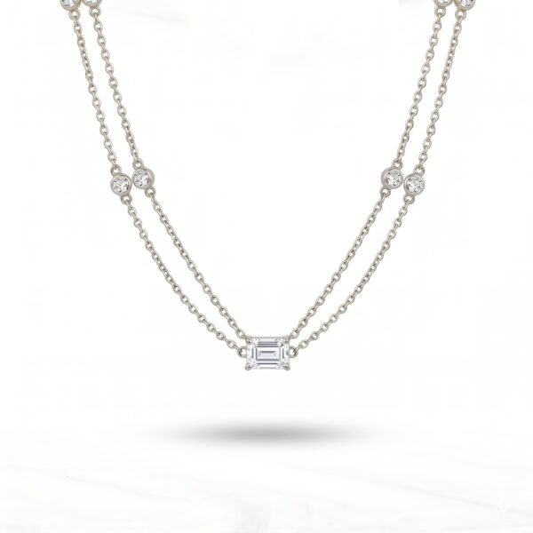 Elegant Double-Layer Emerald-Cut Pendant Necklace – Silver Bezel Station Chain