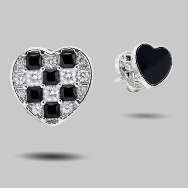 Monochrome Checkered Heart Crystal Stud Earrings