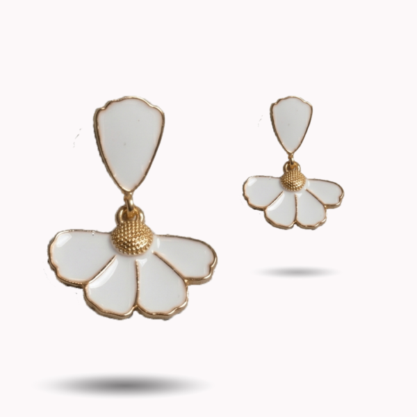 Golden Bloom White Enamel Floral Drop Earrings