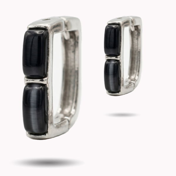 Modern Silver Rectangular Huggie Hoops with Midnight Cat’s Eye Inlay