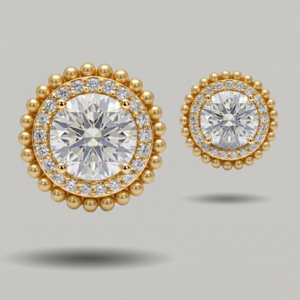Regal Sunburst Moissanite Studs in Beaded Gold Halo