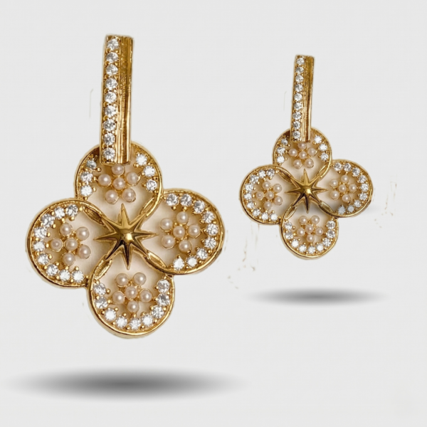 Celestial Clover Pearl & Pavé Drop Earrings in Gold