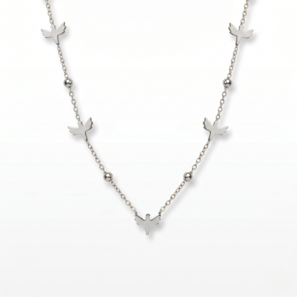 Minimalist Flying Bird Station Necklace in Silver – Dainty Dove Charm Chain