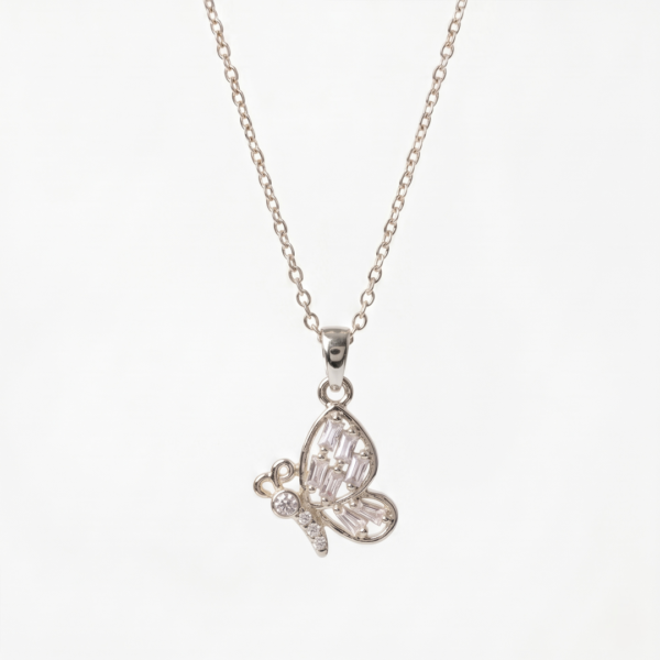 Silver Baguette Crystal Butterfly Pendant Necklace