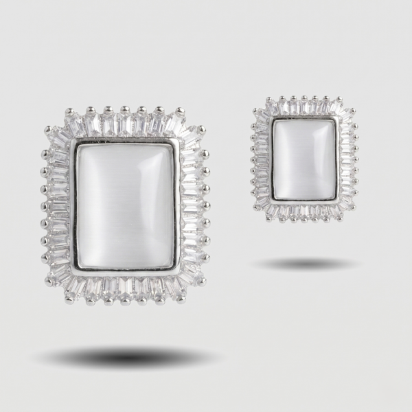 Silver Emerald-Cut Cat’s Eye Earrings with Baguette Crystal Halo