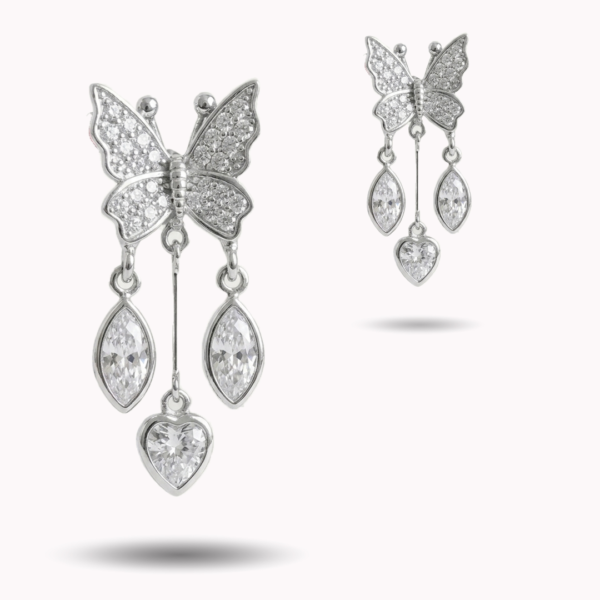 Silver Pavé Butterfly Drop Earrings with Heart & Marquise Crystals