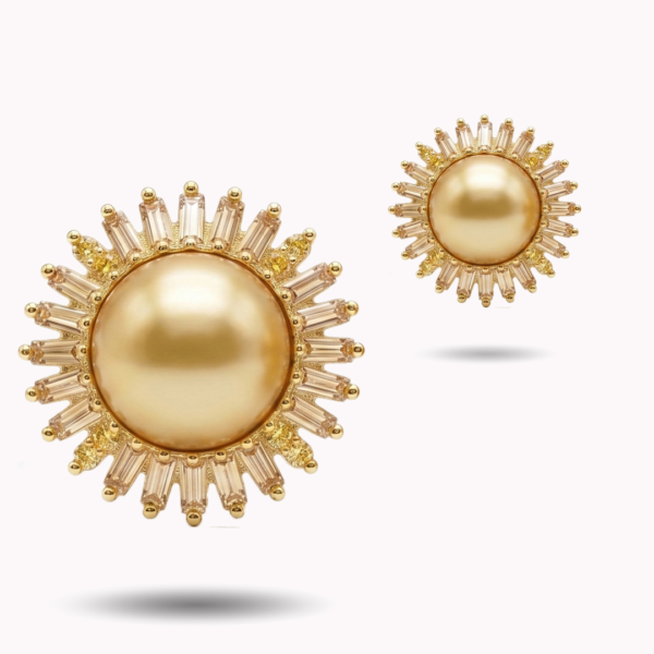 Golden Radiance Sunburst Stud Earrings with Champagne Pearl Center
